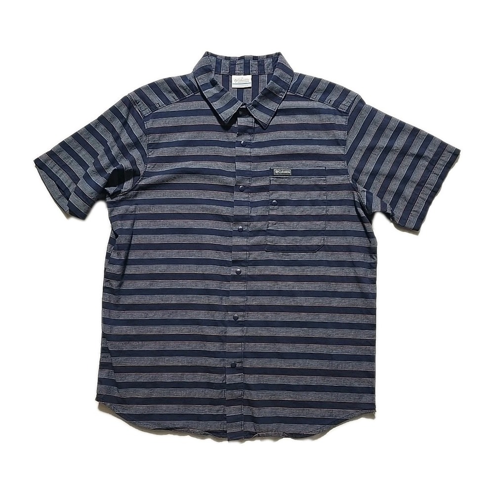COLUMBIA MENS‎ BLUE WHITE STRIPED SHORT SLEEVES SNAP FRONT POCKET  SHIRT